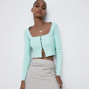 ZARA Knit Cropped Sweater Jacket Green Size Medium NWT